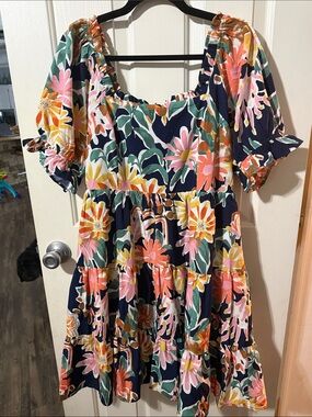 Floral Navy Tiered Puff-Sleeve Dress